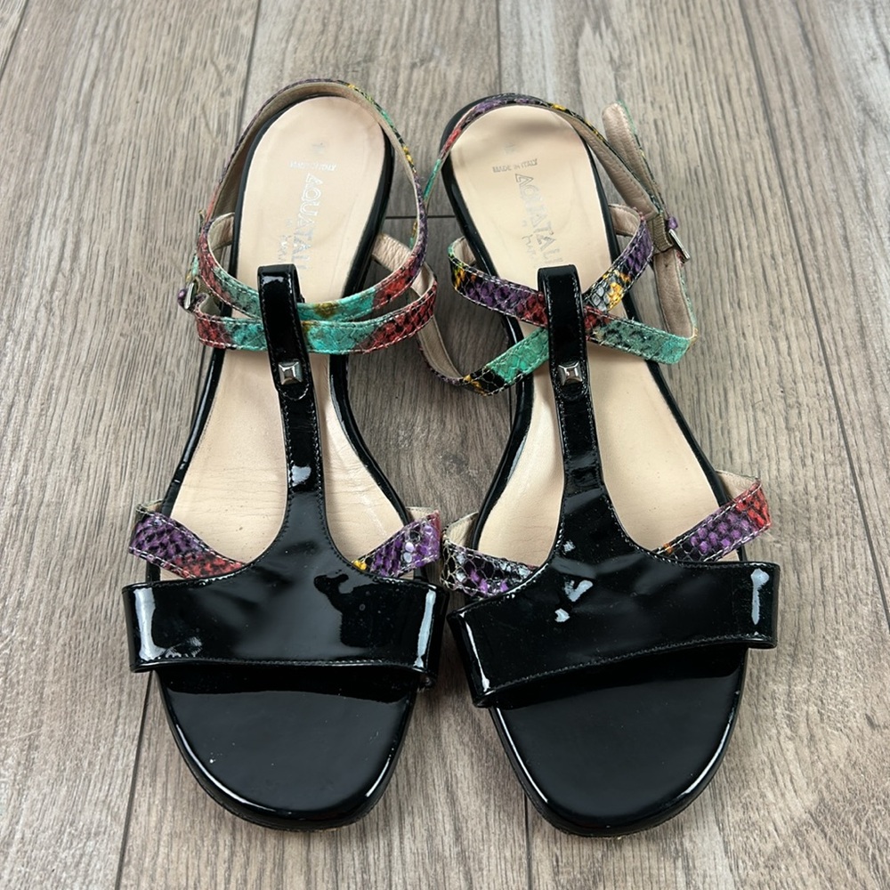 Aquatalia multi color snakeskin and black patent low wedge Sandals 11 - Picture 2 of 8